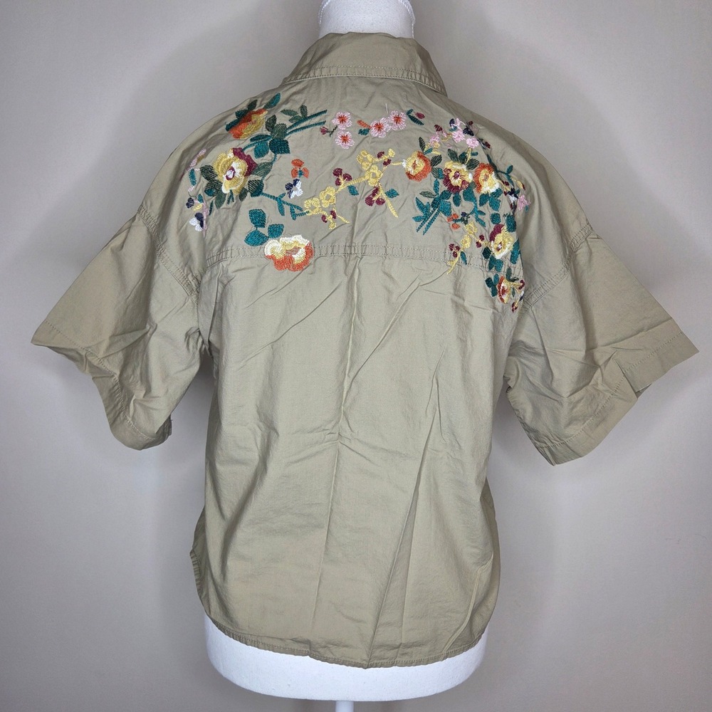 Madewell Womens Khaki Cotton Floral Embroidered Utility Tie Front Shirt Small
